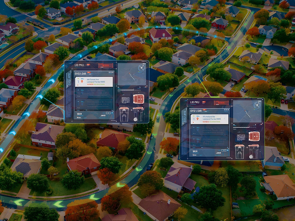 A photo of Vision software screens that are tracking containers above map of a neighborhood