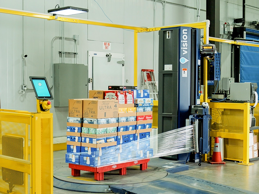 A photo of a full pallet of beer being scanned by VOR technology