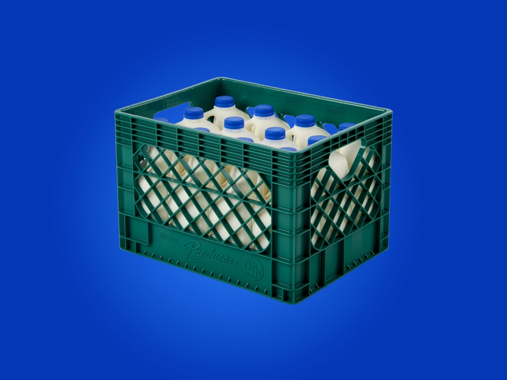 A photo of a green dairy crate