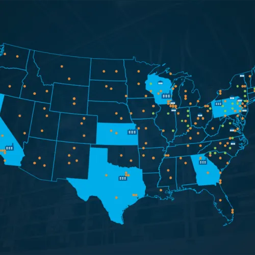 Map of the United States with locations marked